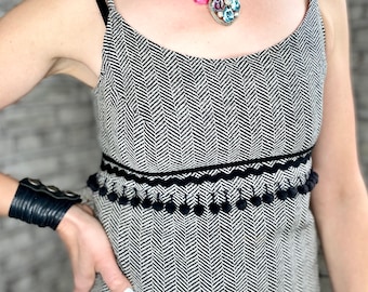 Vintage Wool Herringbone Dress with Pom Pom Trim