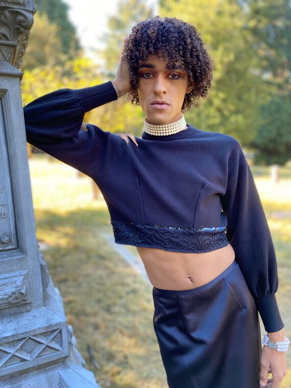 Repurposed Black Crop Sweater With Sequence Etsy Ireland