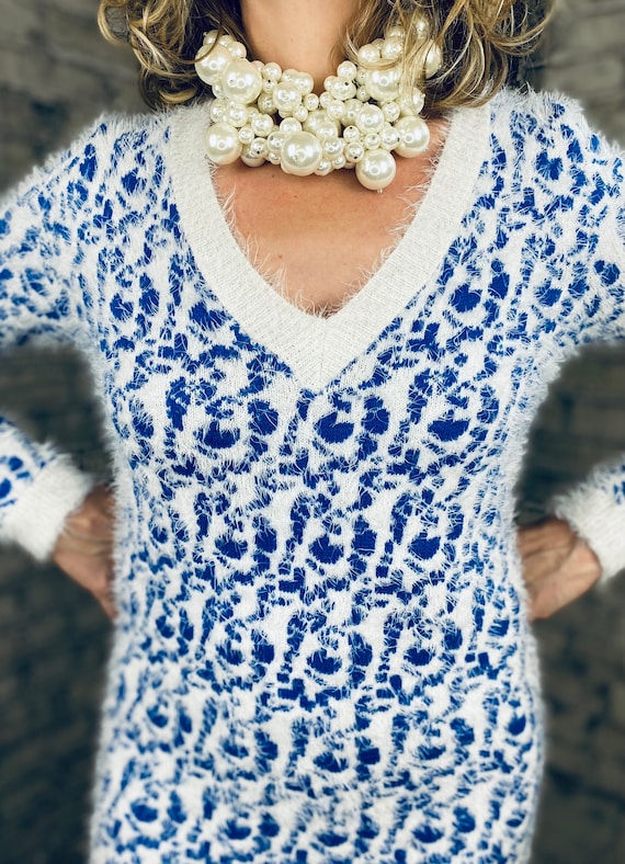 Blue Cheetah Print Sweater Dress