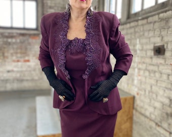 Vintage Plus Size Blazer and Dress Set with Beaded, Sequence Detailing
