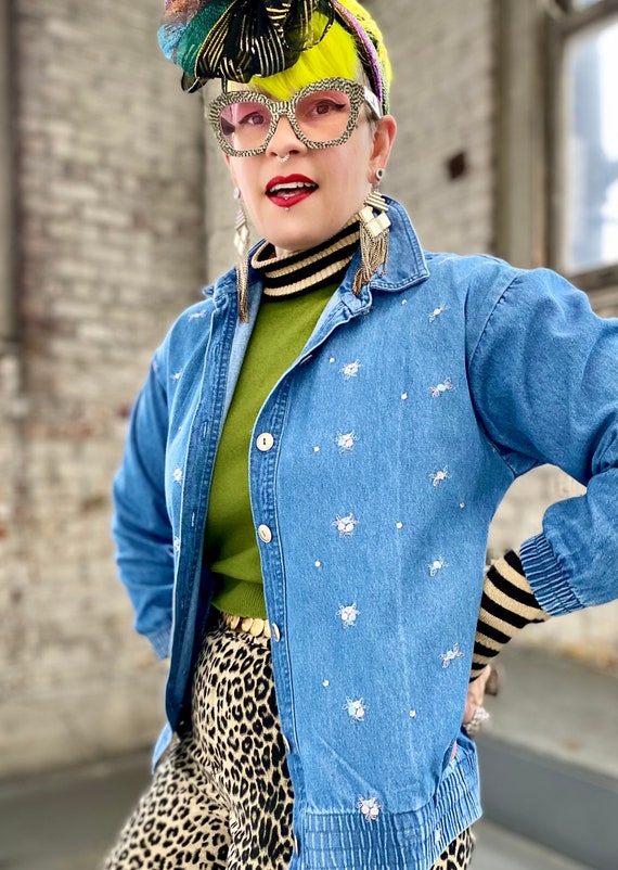 Vintage Blue Jean Jacket With Embroidered Flowers