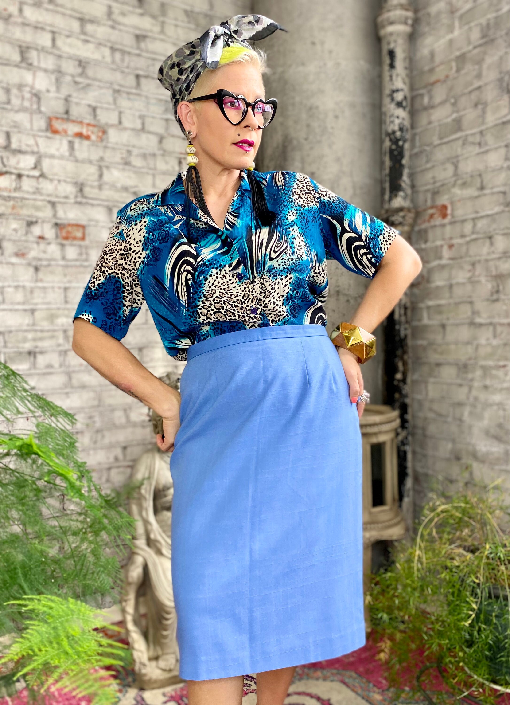 Vintage Blue Skirt with Elastic at Waist