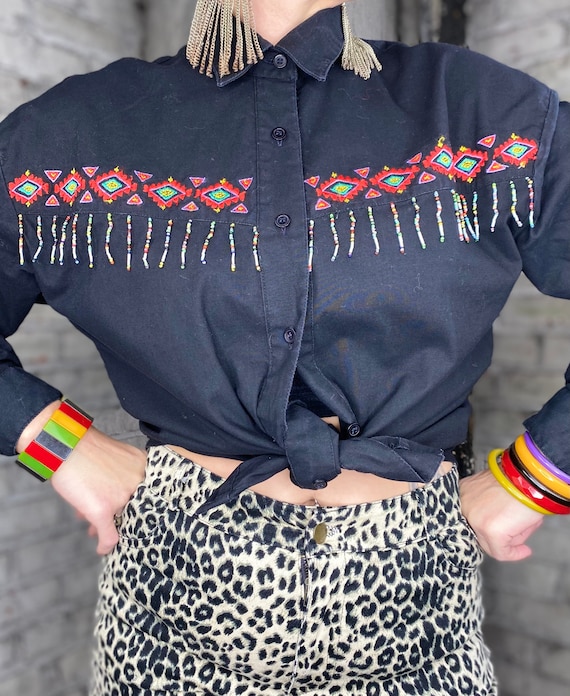 Vintage Southwestern Embroidered Beaded Button Up - image 1