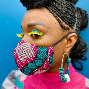 Turquoise African Print Face Mask, Holland Wax Fabric Face Mask image 3