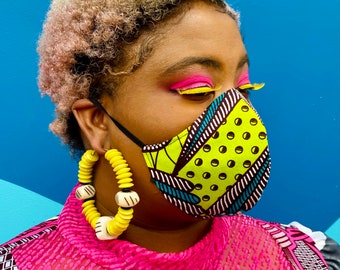 Neon African Print Face Mask, Holland Wax Fabric Face Mask