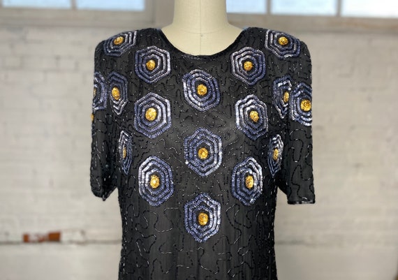 1980's Sequence Dress, Geometric Dress, Silk Dress