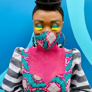 Turquoise African Print Face Mask, Holland Wax Fabric Face Mask image 1