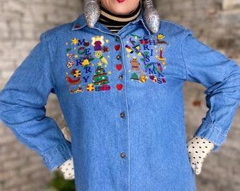 Vintage Petite Christmas Denim Button Up Holiday Party