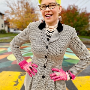 Vintage Checkered Suit Dress with Velvet Collar