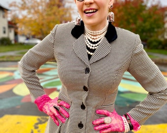 Vintage Checkered Suit Dress with Velvet Collar