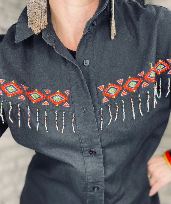 Vintage Southwestern Embroidered Beaded Button Up - image 3