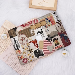 May include: A laptop skin featuring a collage of Western-themed images. The design includes a cowboy hat, a boot, a bull, and the text "COWGIRL MATCHES". The skin has a variety of colors, including red, brown, and white.