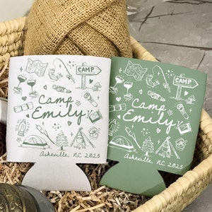 Personalized Camping Bachelorette Party Decor, Custom Camp Bachelorette Can Cooler, Glamping Bach Decor, Bridal Shower Favors For Bridesmaid