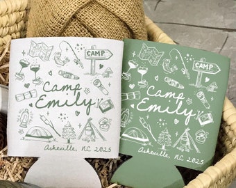 Personalized Camping Bachelorette Party Decor, Custom Camp Bachelorette Can Cooler, Glamping Bach Decor, Bridal Shower Favors For Bridesmaid