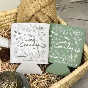 Personalized Camping Bachelorette Party Decor, Custom Camp Bachelorette Can Cooler, Glamping Bach Decor, Bridal Shower Favors For Bridesmaid