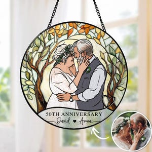 Personalized Wedding Anniversary Suncatcher, Custom Couple Portrait From Photo Stained Glass Suncatcher, Gift For Parents, Anniversary Gifts
