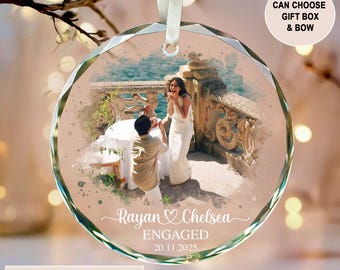 Personalized Engagement Christmas Ornament, 1st Christmas Engaged Ornament, Engagement 2025 Gift, Engaged 2025 Glass Ornament With Photo