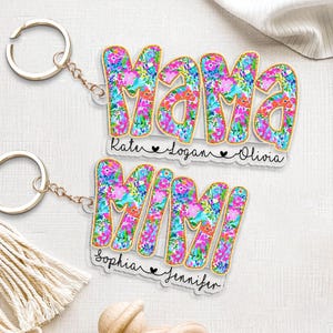 Personalized Mother&#39;s Day Gift For Mom, Custom Grandma Keychain, Mama With Grandkids Name Floral Keychain, Gift For Grandma, Gift For MiMi