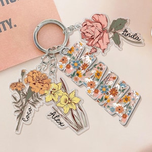 Personalized Mother&#39;s Day Gift For Mom, Custom Grandma Keychain With Birth Month Flowers Charm, Mama Keychain Gift From Kids, Grandma Gifts