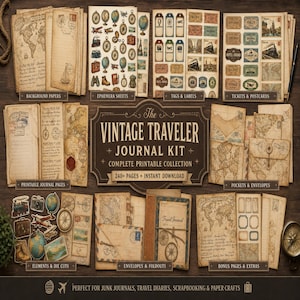 Op de afbeelding: Een verzameling vintage-stijl papier-ephemera voor scrapbooking, inclusief kaarten, reisdagboeken, ansichtkaarten, tickets, enveloppen en gestanste stickers met globes, treinen en kompassen, gelabeld met The Vintage Traveler Journal Kit.