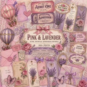 May include: A collection of pink and lavender junk journal ephemera featuring hot air balloons, floral illustrations, vintage-style tickets, tags, and labels with text including Pink & Lavender, Admit One, and Rose D'Amour on a patterned background.