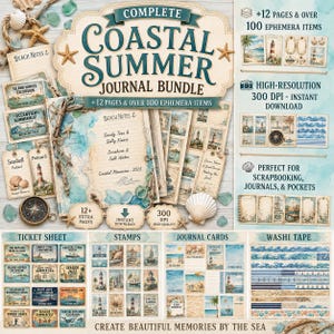 Op de afbeelding: Een digitaal journal-pakket genaamd Complete Coastal Summer Journal Bundle met meer dan 100 ephemera-items, 12 pagina's en een resolutie van 300 DPI. De collectie bevat ticketvellen, postzegels, journal-kaarten en washi-tape met nautische thema's.