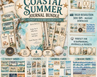 May include: A digital journal bundle titled Complete Coastal Summer Journal Bundle featuring over 100 ephemera items, 12 pages, and 300 DPI resolution. The collection includes ticket sheets, stamps, journal cards, and washi tape with nautical themes.