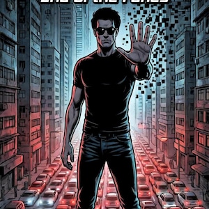 Puede incluir: Portada de cómic titulada "War of the Nobles: End of the Fakes" con un hombre vestido de negro y gafas de sol, levantando la mano. El fondo muestra una calle de la ciudad con coches y edificios. Número 1 en la esquina superior derecha.