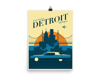 May include: A retro-style travel poster for Detroit, Michigan. The poster features a blue silhouette of the Detroit skyline with a bridge and a car driving across it. The text "Visit Sunny Detroit Michigan" is in a bold, white font.