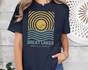 Great Lakes Graphic Short-Sleeve Unisex T-Shirt - Retro Design - Unsalted and Sharkless - Great Gift Idea - Michigan T-Shirt - Michigan