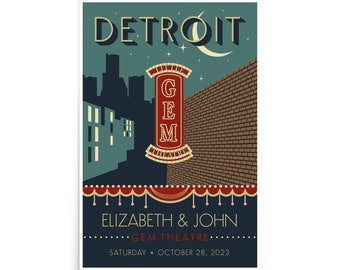 May include: A retro-style poster advertising a wedding in Detroit, Michigan. The poster features a cityscape with the Gem Theatre marquee, a brick wall, and the text "Detroit", "Elizabeth & John", "Gem Theatre", and "Saturday + October 28, 2023".