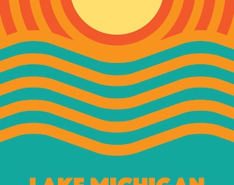May include: A retro-style illustration of a sunset over a lake. The sun is a yellow circle with orange rays, and the water is represented by turquoise and orange wavy lines. The text "LAKE MICHIGAN" is written in orange at the bottom of the image.