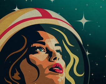 May include: A graphic art print featuring a person wearing a cream and red space helmet with a dark visor. The person has long wavy hair and is looking upward against a dark teal background filled with white and light blue four-pointed stars.