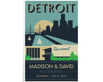 May include: A retro-style poster with a cityscape of Detroit, Michigan, featuring a bridge, a building with the text "Roostertail" and the text "MADISON & DAVID ROOSTERTAIL SATURDAY JULY 8, 2023".
