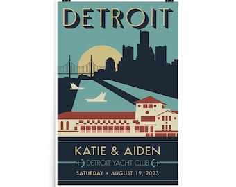 May include: A retro-style poster with a blue and beige color scheme featuring a cityscape of Detroit, Michigan. The poster includes the text "DETROIT" in a bold, stylized font. The poster also includes the text "KATIE & AIDEN" and "DETROIT YACHT CLUB" with the date "SATURDAY - AUGUST 19, 2023".
