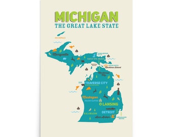 Michigan Map Original Illustration Poster - 12" x 18" or 24" x 36" - Michigan Gift - Home Decor - High Quality