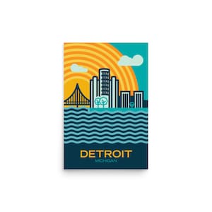 Detroit Skyline, 12x18, Vintage Detroit, Travel Poster, Vintage Travel Poster, Detroit Poster, Vintage Detroit Poster, Ambassador Bridge