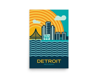 May include: A retro-style illustration of the Detroit skyline with a bridge, buildings, and a sun with orange and yellow rays. The text "DETROIT MICHIGAN" is below the illustration.