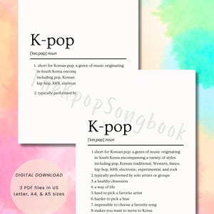 K-pop Definition Prints - minimalist word printable - kpop print - dictionary print - printable typography - DIGITAL DOWNLOAD