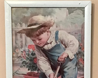 Vintage framed illustration of boy in garden - Victorian style litho - 22 x 14