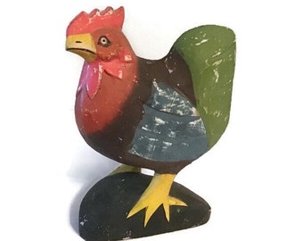 Folk art rooster figure - Painted wood - 10.5 x 6.5 inches - Rustic - Mexican style