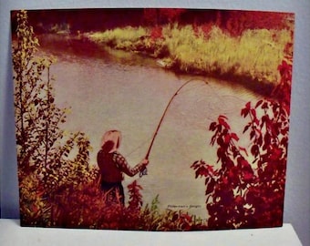 Fisherman in autumn color lithograph - 1930s - 8 x 10
