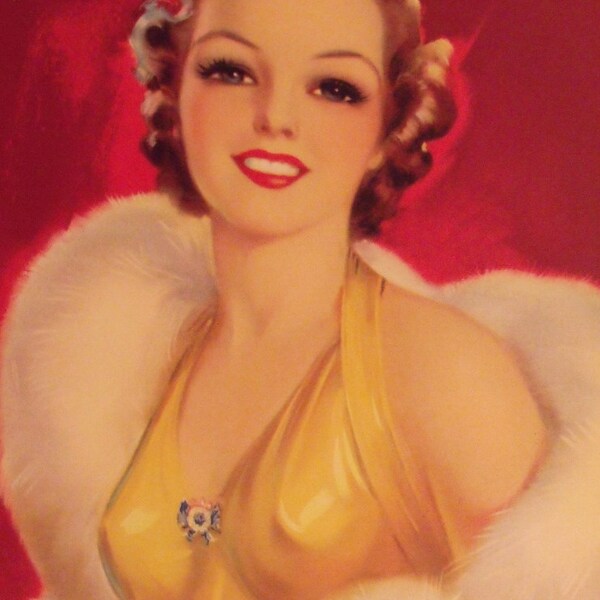 Vintage color glamour girl lithograph - 1930s vintage - Hollywood Regency -  8 x 10