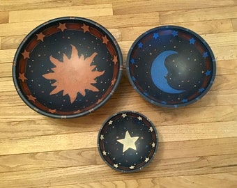 Three painted wood bowls -  Primitives by Kathy - Jude - Celestial designs