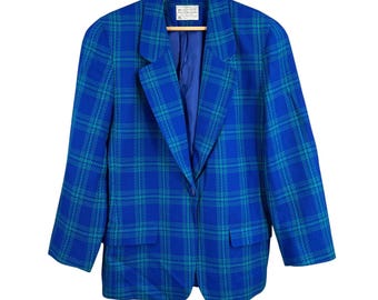 Vintage Pendleton Wool Blazer Plaid Blue Green One Button Preppy USA Womens 8