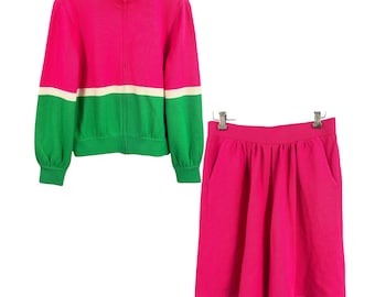St John Santana Knit Set Pink Colorblock Zip Cardigan Shorts Size 8 Vintage