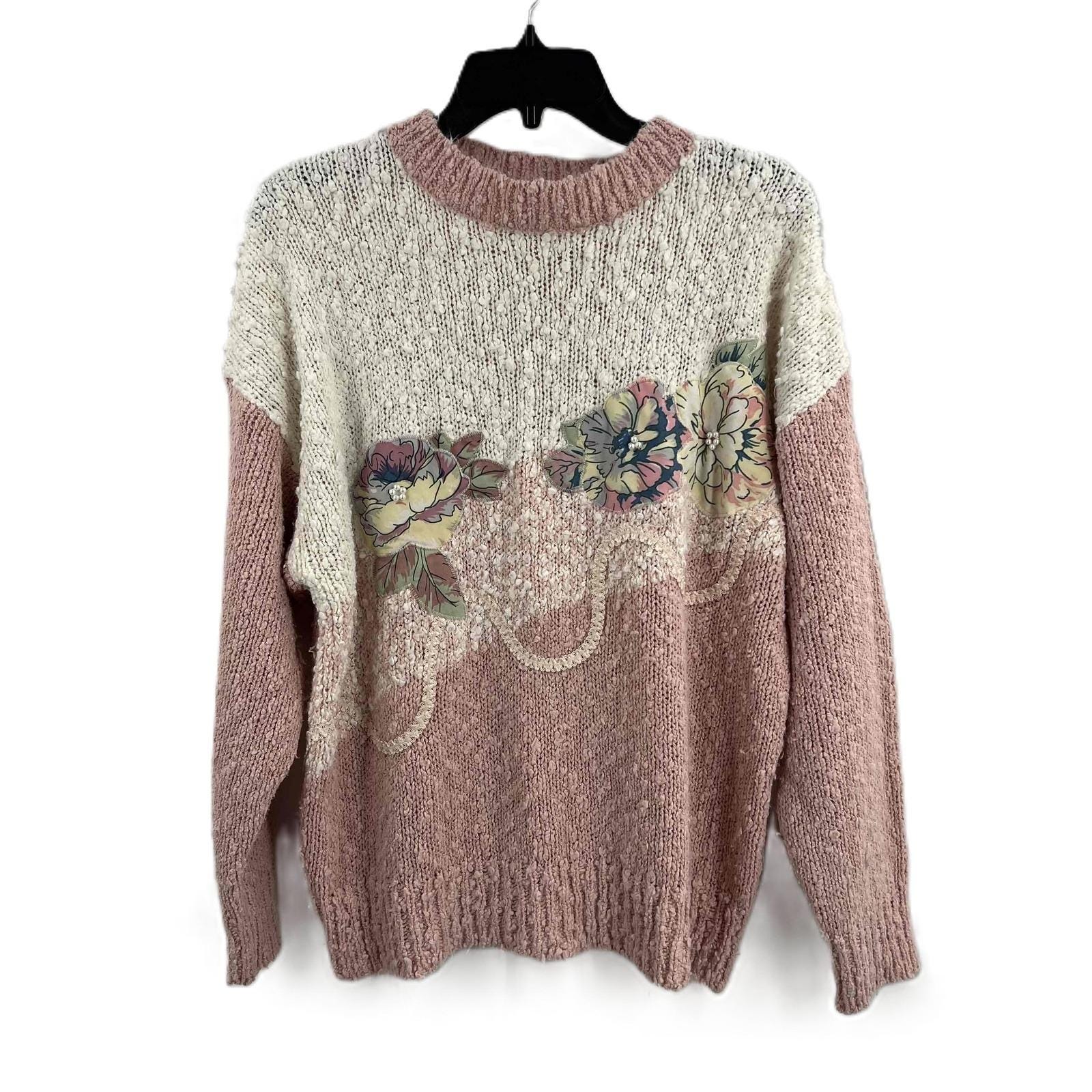 Needles, Vintage Needles And Yarn Pink White Floral Appliqué Pearl Pullover Sweater Large