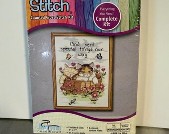 Vintage Janlynn Cross Stitch Kit God Sent Special Things Kittens Cats New