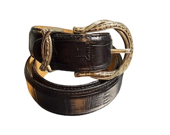 Brighton Black Embossed Leather Belt Horseshoe Buckle Western Size Medium VTG