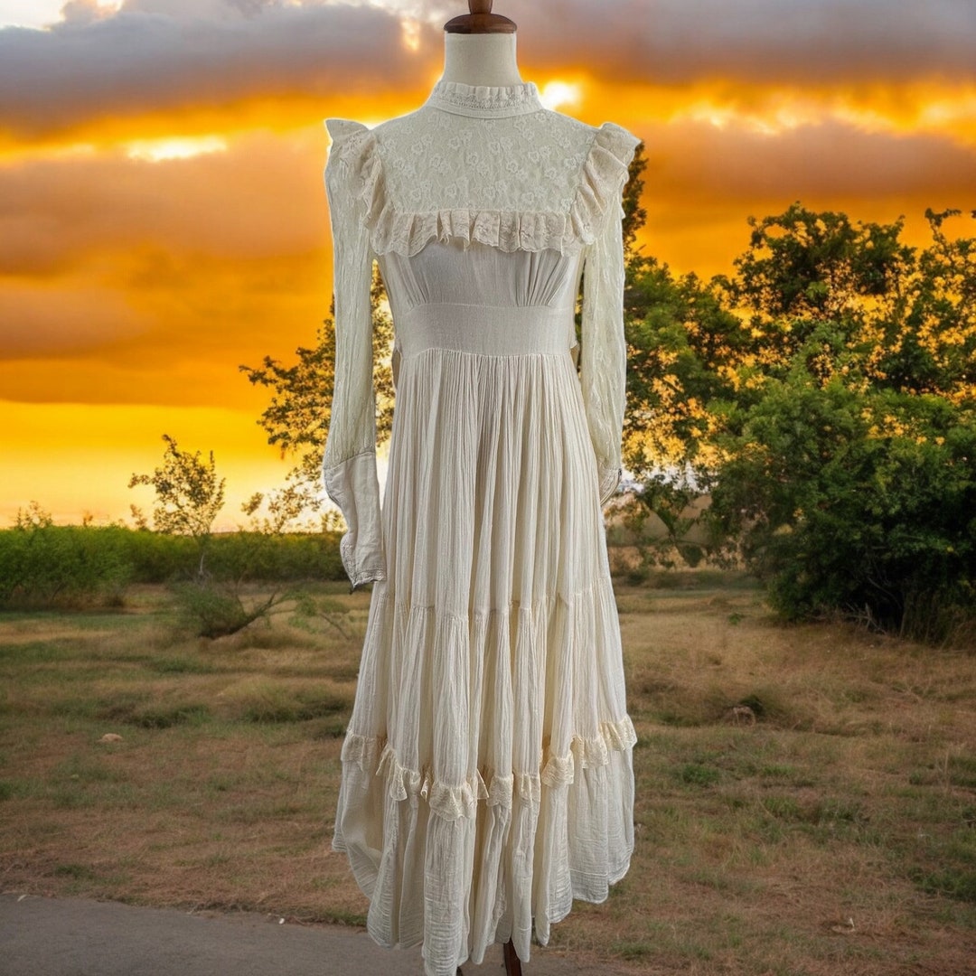 Gunne Sax Vintage 70s Prairie Wedding Cream Lace Gauze Long Dress - Etsy